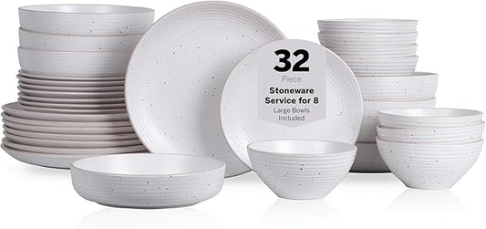 Stone Lain Lauren Modern Stoneware 32-piece Round Dinnerware Set, Plates and Bowls Set, Dish set for 8, Off White