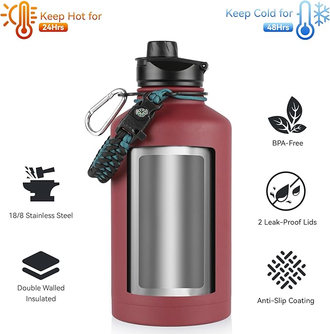 64 oz Insulated Water Bottle with Straw & Spout Lids, Stainless Steel Metal Half Gallon Water Jug with Paracord Handle, Double Wall Vacuum, Leakproof, Keep Drinks Cold & Hot, Brick Red