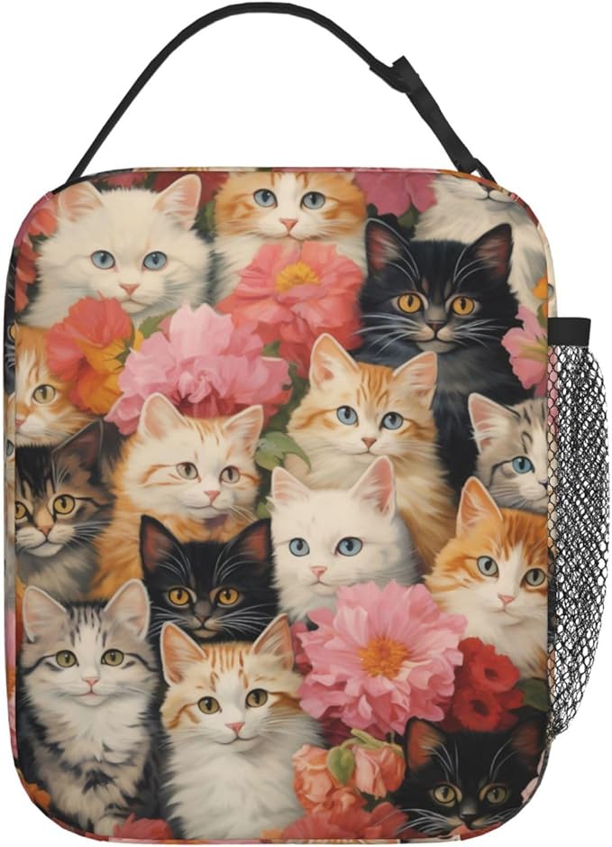 Reusable Floral Cat Lunch Box for Kids, Insulated Cute Kitten Flower Bag,Polyester Cooler Pet Lovers Handbags Case for School Work Picnic Travel Beach or Hiking, Gifts