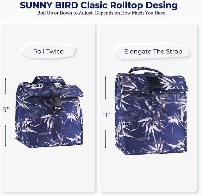 SUNNY BIRD Insulated Lunch Bag Rolltop Lunch Box Tote Bag for Women, Men, Adults and Teens (Blue Bamboo)