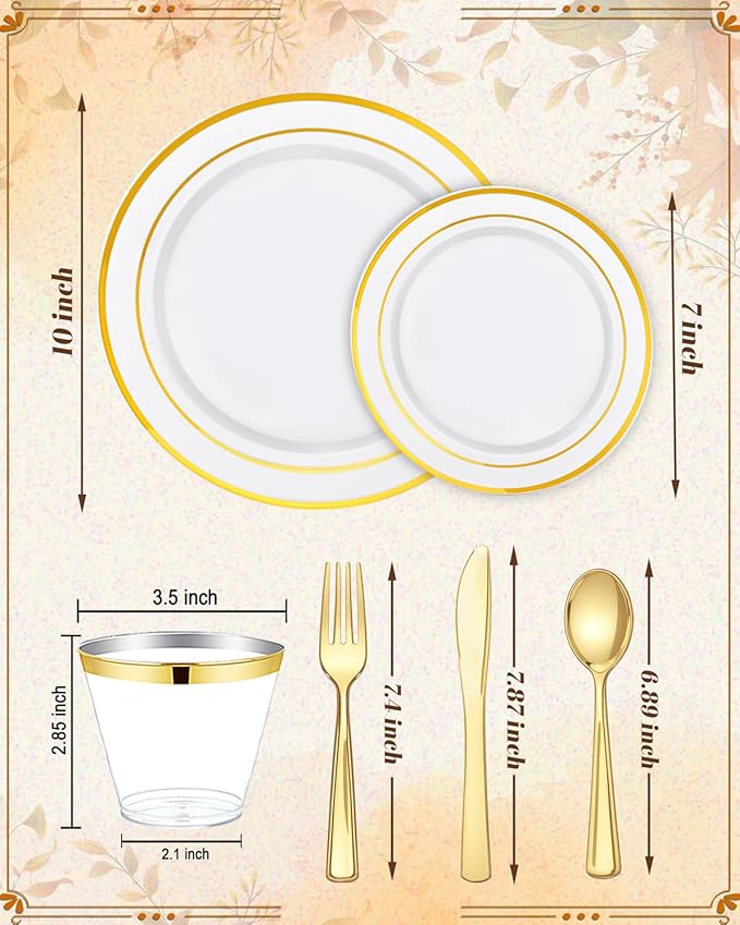 bUCLA 600Pcs White and Gold Plastic Plates - Gold Disposable Dinnerware Set for 100 Guests Include 100 Dinner & 100 Dessert Plates, 100 Cups, 100 Forks, 100 Spoons, 100 Knives for Thanksgiving