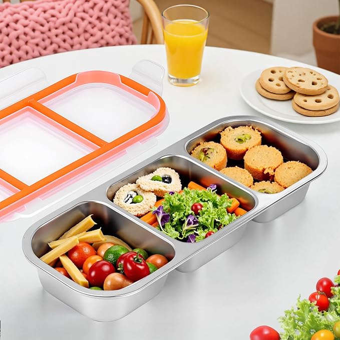 Stainless Steel Snack Containers - Reusable 3 Compartment Snackle Box Container with Lids for Kids Adults, Divided Snack Food Storage Containers for School, Home, Travel