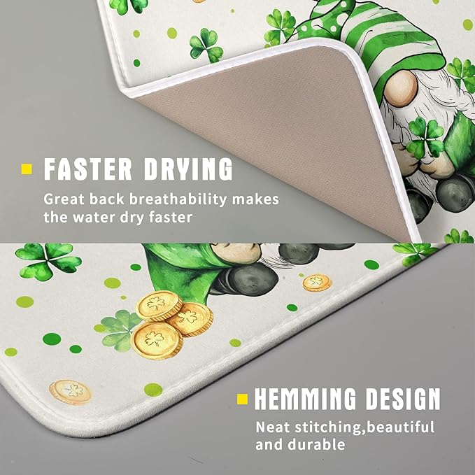 St Patrick's Day Gnome Dish Drying Mat 16x18 inch Lucky Shamrock Absorbent Reversible Dishes Drainer Rack Mat for Coffee Bar Kitchen Decor