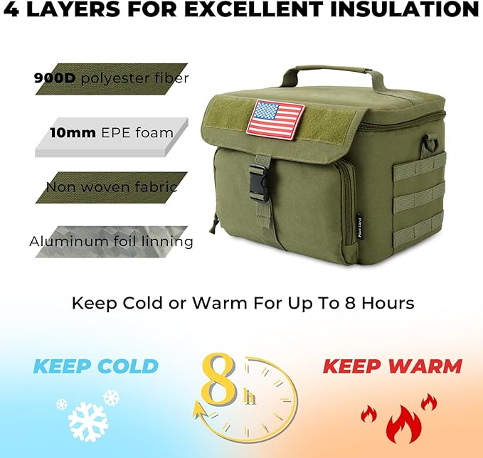 Ronyes Tactical Lunch Box for Men,Large Insulated Lunch Bag with Shoulder Strap,Heavy Duty lunchbox Cooler MOLLE Webbing, Leakproof Pail for Work Camping Fishing-Green