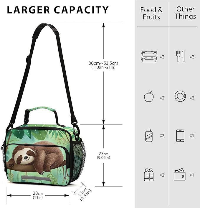 ALAZA Sloth Girls Lunch Box Kids Lunchbox Insulated Reusable Meal Container Lunchbag with Shoulder Strap