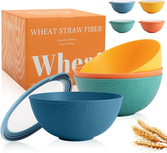 Wheat Straw Bowls Set with Lids, Unbreakable 40 OZ Cereal Bowls Set of 4, Salad Container for Lunch, Microwave & Dishwasher Safe Bowl Set for Kitchen, Picnic, RV, Camping, Multi