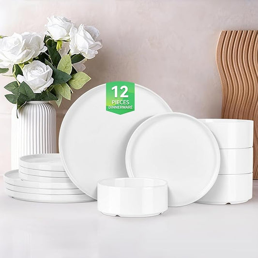 12 Pcs White Dinnerware Set for 4, Porcelain Kitchen Plates and Bowls Set, Ceramic Chip and Scratch Resistant Dishs Set - Dishwasher & Microwave Safe, QOMO-1996