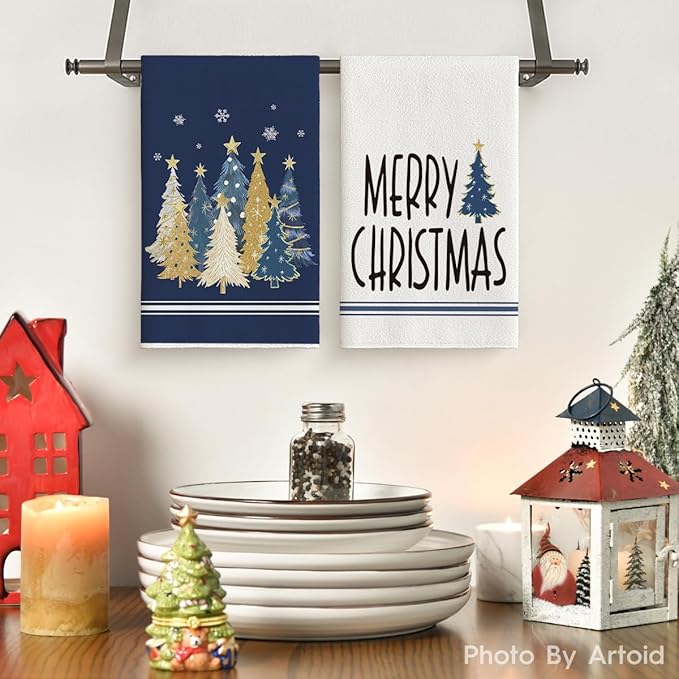 Artoid Mode Blue Xmas Tree Merry Christmas Kitchen Towels Dish Towels, 18x26 Inch Farmhouse Star Snowflakes Decoration Cleaning Set of 2