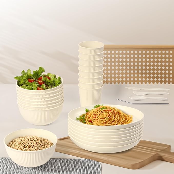 64PCS Wheat Straw Dinnerware Set for 8 BPA Free Kitchen Unbreakable Set for Home Outdoor Camping