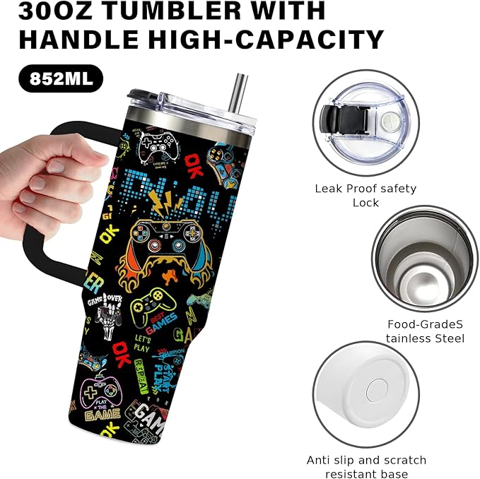 Gamer Gifts for Men Boys Tumbler with Handle and Straws 30oz Stainless Steel Gamer Insulated Travel Cups - Birthday Present for Men, Dad, Son, Husband - Gaming Gifts for Him Coffee Mugs