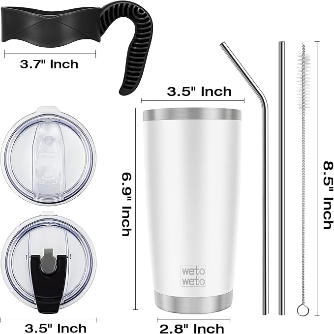 WETOWETO 20oz Tumbler with 2 lids and 2 straws, Stainless Steel Vacuum Insulated Water Coffee Tumbler Cup, Powder Coated Spill-Proof Travel Mug Thermal Cup for Hot and Cold Drinks(White, 1 Pack)