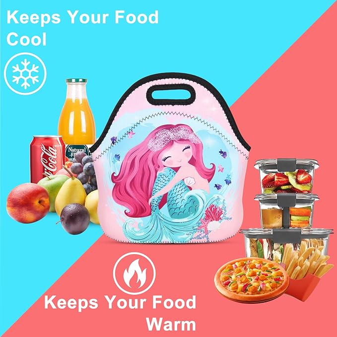 Violet Mist Women's Cute Reusable Neoprene Lunch Bag Pink Mermaid Thermal Insulated Lunch Box