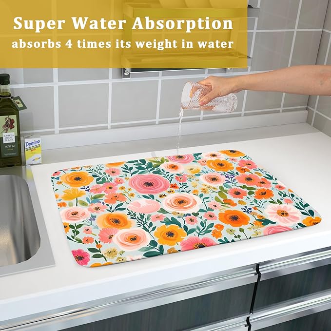 Watercolor Flower Dish Drying Mat - Pink Floral Drying Mat for Kitchen Counter 18 X 24 In