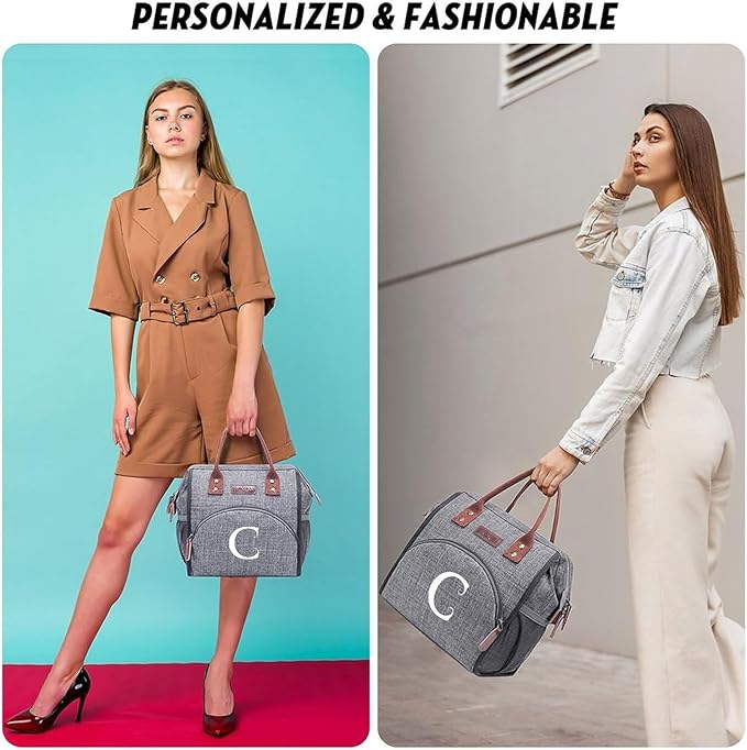 Personalized Lunch Box for Women, Initial Reusable Insulated Lunch Bag, Wide-Open Adult Lunchbox Cooler Lunchbag Snack Organizer, Initial Leakproof Lunch Tote Bag for Picnic Work Outdoors Grey - H