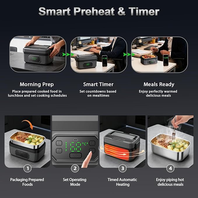1.2L Cordless Electric Lunch Box - 21000mAh Heated Lunch Box Battery Powered with Automatic Heating, 9-Timer & 5-Temp Setting, Leakproof 304 Stainless Steel Container, Perfect for Office/Truck/Outdoor