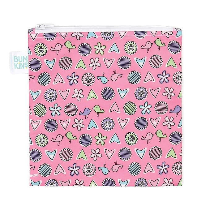 Bumkins Reusable Sandwich and Snack Bags, for Kids School Lunch and for Adults Portion, Washable Fabric, Waterproof Cloth Zip Bag, Travel Pouch, Food-Safe Storage, Large, Love Birds Pink