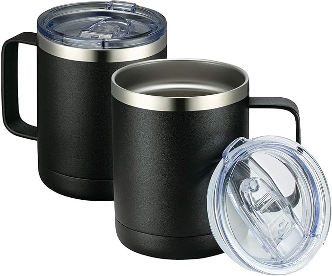 MEWAY 12oz Coffee Mug With Handle 2 Pack Bulk,Stainless Steel Insulated Travel Tumblers With Sliding Lid,Double Wall Vacuum Camping Cup for Hot & Cold Drinks Tea (Black,Set of 2)