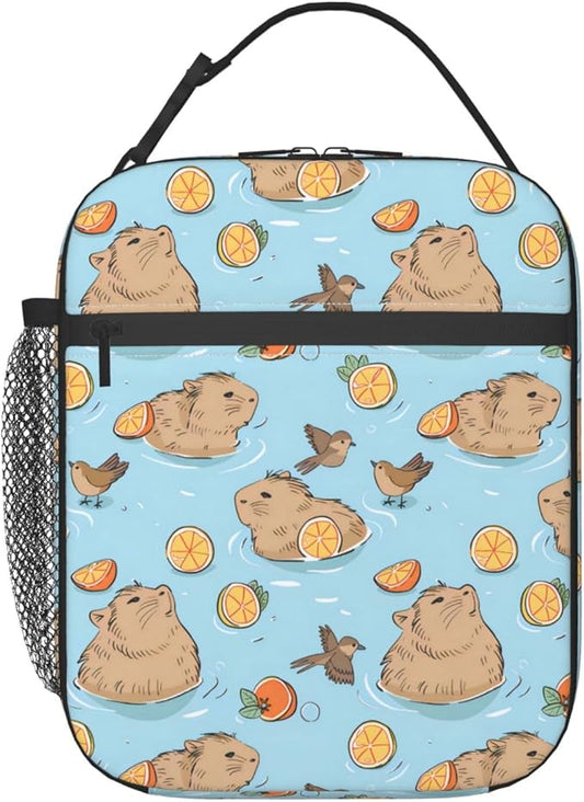 Reusable Cute Capybara Lunch Box for Kids Girls Boys Women Adult, Insulated Animal and Orange Lunch Bag,Polyester Cooler Handbags Case for School Picnic Work Travel Beach or Hiking (Blue)
