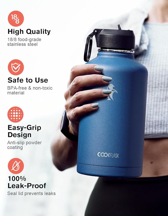 Water Bottle Insulated 64 oz with Straw & 3 Lids, Coolflask Half Gallon Water Jug Large Metal Stainless Steel Wide Mouth for Sports, Gym or Office, Non-BPA Keep Cold 48H Hot 24H, King's Blue
