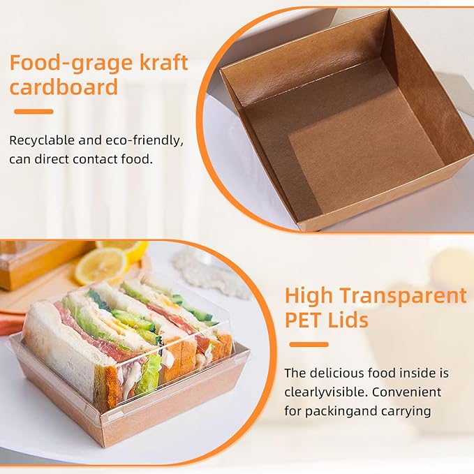 100 Pack Small Paper Charcuterie Boxes with Clear Lids, Square Disposable Food Containers with Lids for Desserts, Sandwich, Sushi, Cake Slice and Strawberries