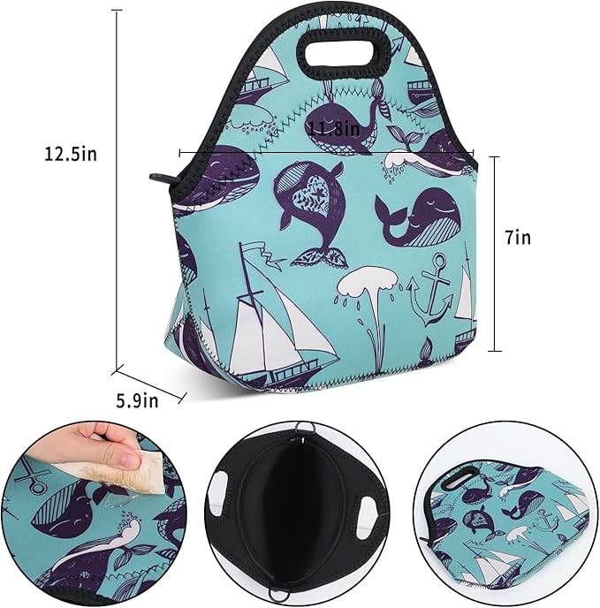 Violet Mist Cute Neoprene Lunch Bag Insulated Reusable lunch Bags Whale Animal Food HandBags Thermal Lunch Bags Cooler Lighweight Washable Cool lunch bags Box Work Picnic Gift for Women Men Adult