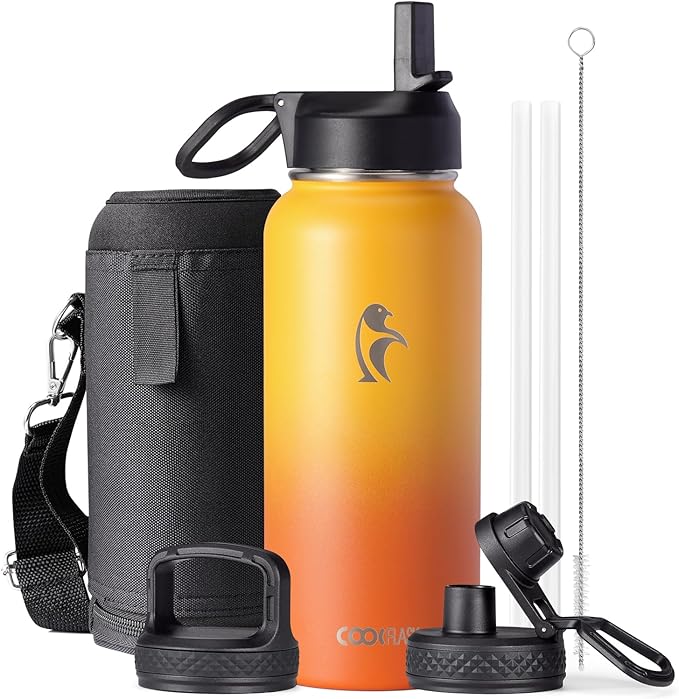 Water Bottle 32 oz Insulated with Straw, Coolflask Stainless Steel Metal 3 Lids Water Flask Wide Mouth for Sports or Office, Non-BPA Keep Cold Up to 48 Hrs or Hot Up to 24 Hrs, Ombre Yellow/Orange