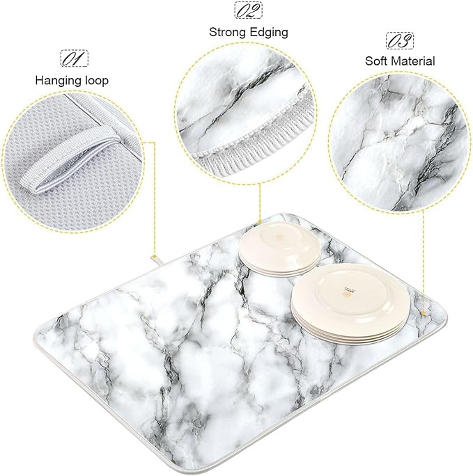 White Marble Pattern Dish Drying Mat for Kitchen Counter Super Absorbent Dishes Pad Reversible Microfiber Protector Dish Draining Mats 16x18 inch