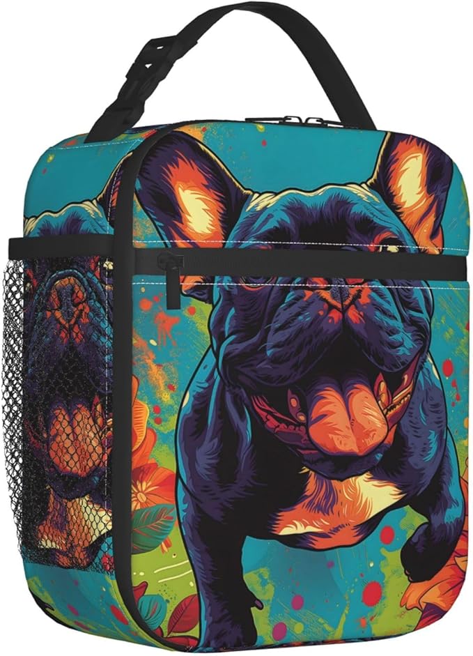 Vibrant French Bulldog Insulated Lunch Box,Colorful Dog Reusable Tote Bag for Puppy Lovers,Pet Pop Art Design Lunchbag,Portable Cooler Lunchboxes for Work School Picnic Travel Hiking Gifts