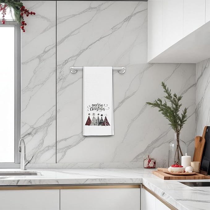 Vintage Christmas Tree Kitchen Towels, Merry Christmas Dish Tea Towels for Kitchen, Red Black and White Plaid Xmas Tree Decorative Hand Towel for Bathroom, 16x24 Inch