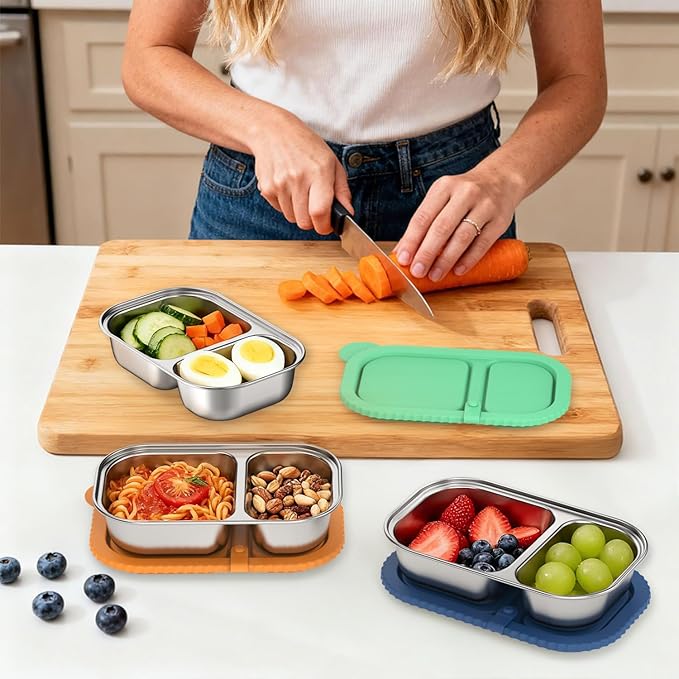 Stainless Steel Snack Containers, Capacity Upgrade 2 Compartment Snack Containers with Lids, Reusable Food Storage Containers with Lids for Travel, Outdoor, Camping (Blue)