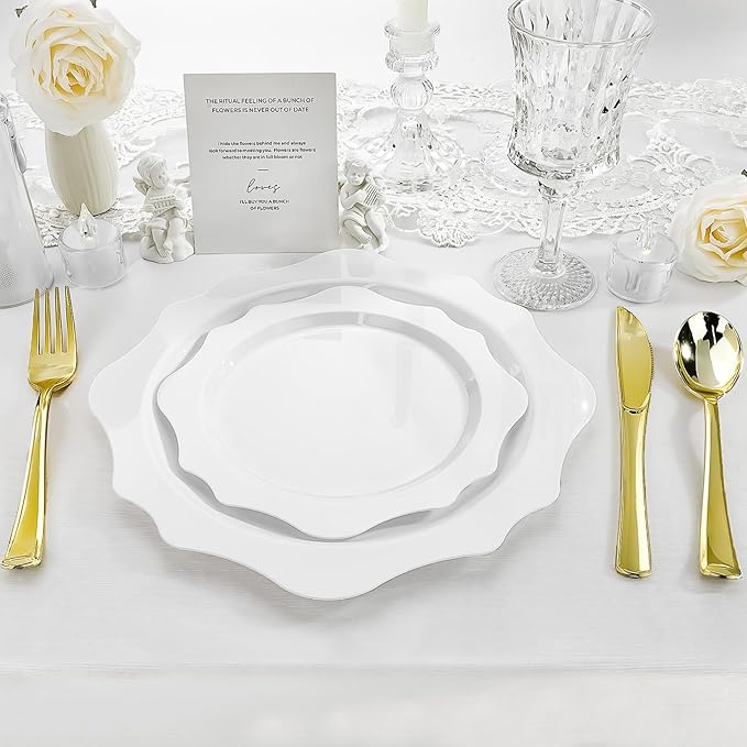 100 PCS White Disposable Plates for 50 Guests, Scalloped Plastic Plates Include 50 Dinner Plates and 50 Dessert Plates for Party, Wedding