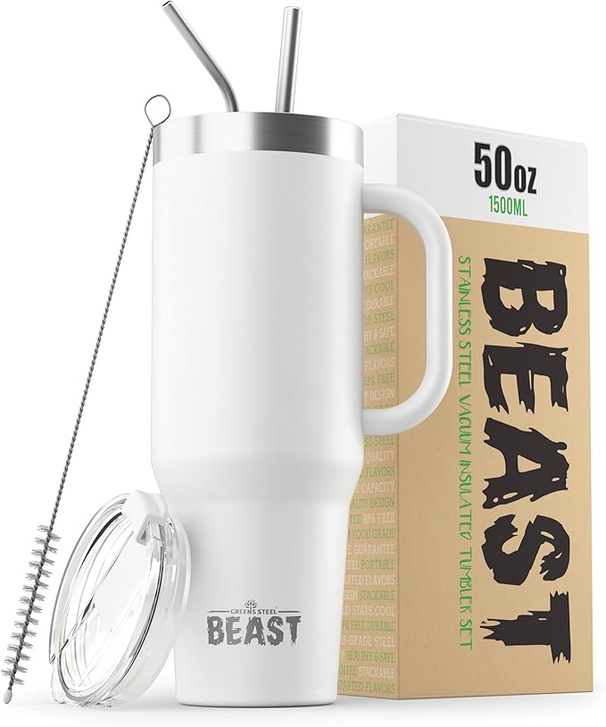 Beast 50 oz Tumbler Stainless Steel Vacuum Insulated Coffee Ice Cup Double Wall Travel Flask (Arctic White)