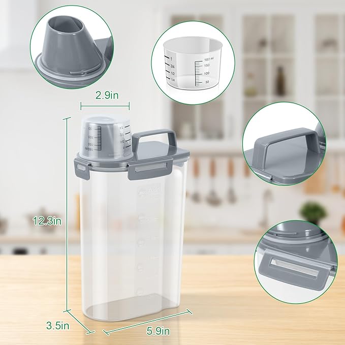 TBMax Rice Container 2 Pack 5 Lbs, Plastic Kitchen Pantry Food Storage Container with Easy pouring Spout and Cup, Small Pet Dog Cat Food Dispenser -Dark Grey