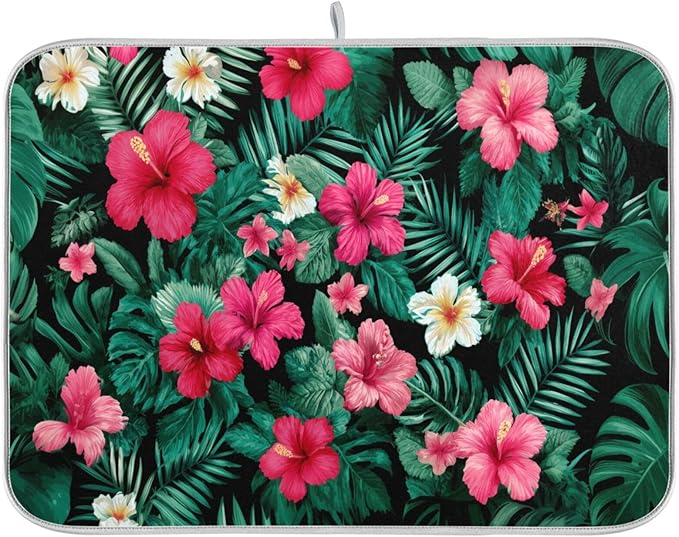 Tropical Flowers Leaves Pattern Dish Drying Mat for Kitchen Counter Super Absorbent Dishes Pad Reversible Microfiber Protector Dish Draining Mats 16x18 inch