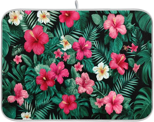 Tropical Flowers Leaves Pattern Dish Drying Mat for Kitchen Counter Super Absorbent Dishes Pad Reversible Microfiber Protector Dish Draining Mats 16x18 inch