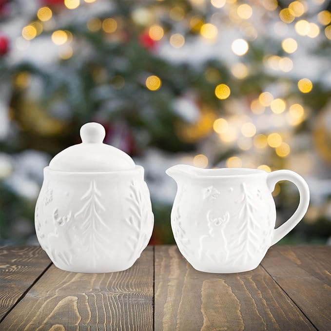 AuldHome Design Reindeer Christmas Cream and Sugar Set; Ceramic Embossed White Serving Sugar Bowl and Cream Pitcher