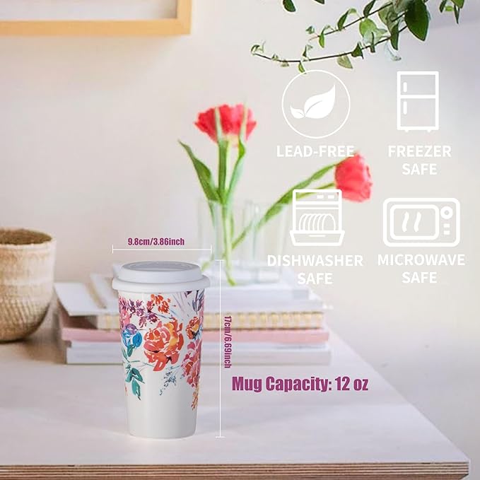 Ceramic Coffee Travel Mug 12 Oz with Lid Spill & Leak Proof, Double-wall Insulated Travel Coffee Mugs Watercolor Peonies Pattern, Gift for Her on Christmas Birthday Mothers Day, White & Pink Flower