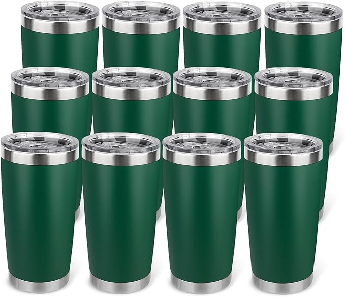 20oz Stainless Steel Tumbler Bulk with Lid, Travel Mug - Double Wall Vacuum Powder Coated Cup - Dark Green, 12 Pack