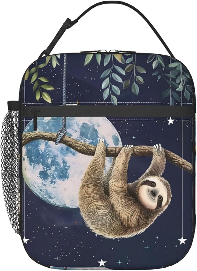 Sloth Polyester Lunch Box for Kids Teen,Cute Reusable Thermal Lunch Bag for Adult Women,Moonlight Insulated Tote Cooler Bags for School,Work,Picnic,Travel,Dreamy Space Theme