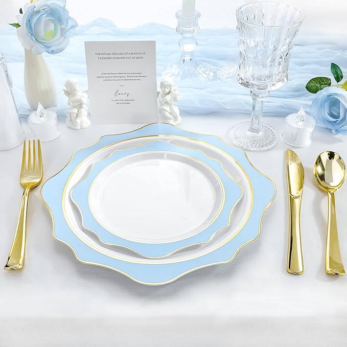 100 PCS White and Blue Disposable Plates for 50 Guests, Scalloped Plastic Plates Include 50 Dinner Plates and 50 Dessert Plates for Party, Wedding and Graduation