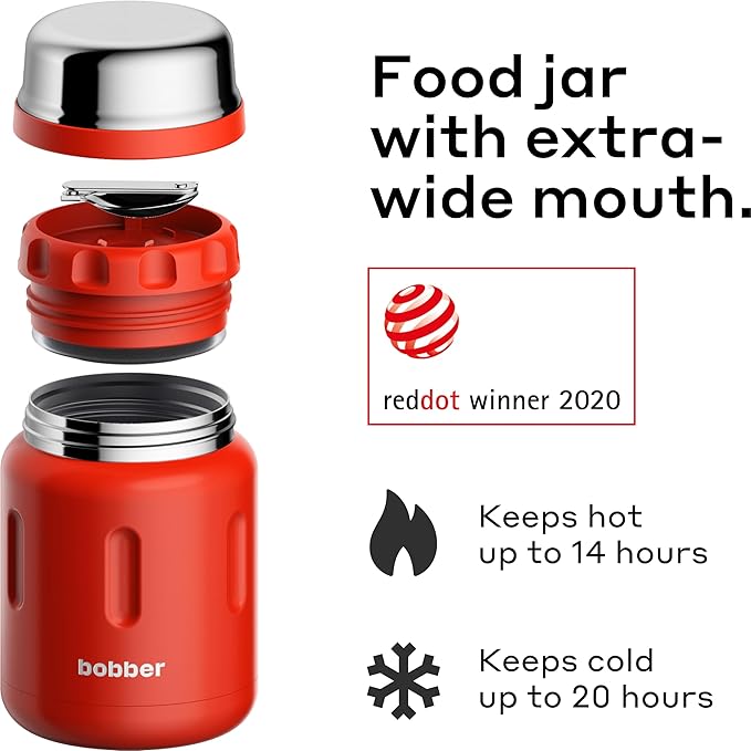 BOBBER 24 oz Insulated Stainless Steel Food Thermos for Hot Food, Extra-Wide Mouth Lunch Container for Adults with Spoon and Bowl, Dishwasher Safe - Keeps Meals Hot for 14 Hours (Red)