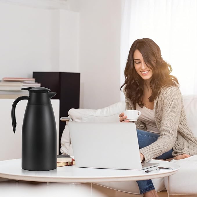Updated Thermal Coffee Carafe, 70 Oz Insulated Stainless Steel Coffee Carafes for Keeping Hot Coffee & Water Hot Beverage-12Hours, Double Walled Vacuum Thermos Carafe(Black+White）