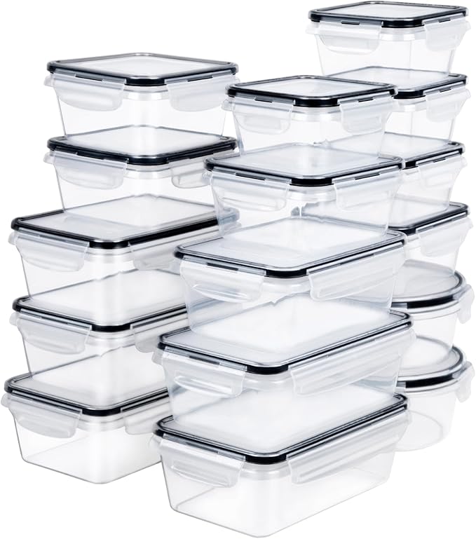32 Piece Food Storage Container with Lids (16 Containers + 16 Lids) - Plastic Food Containers with Lid, Airtight Leak Proof Snap Lock, BPA Free Storage Containers