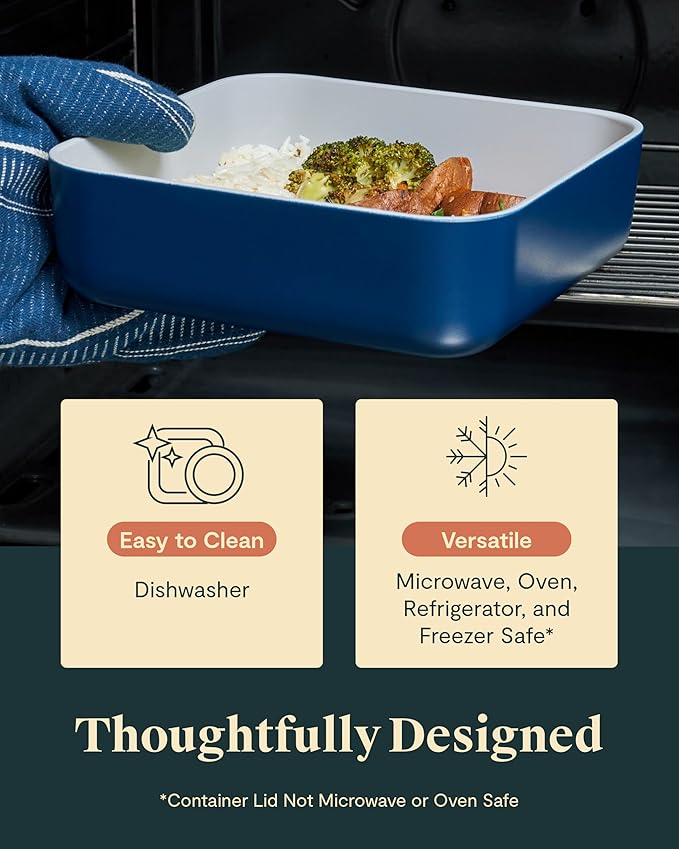 Caraway Glass Food Storage, 10 Cup Glass Container - Ceramic Coated Food Container - Non Toxic, Non Stick Lunch Box Container with Glass Lids. Dishwasher, Oven, & Microwave Safe - Square Shape - Gray