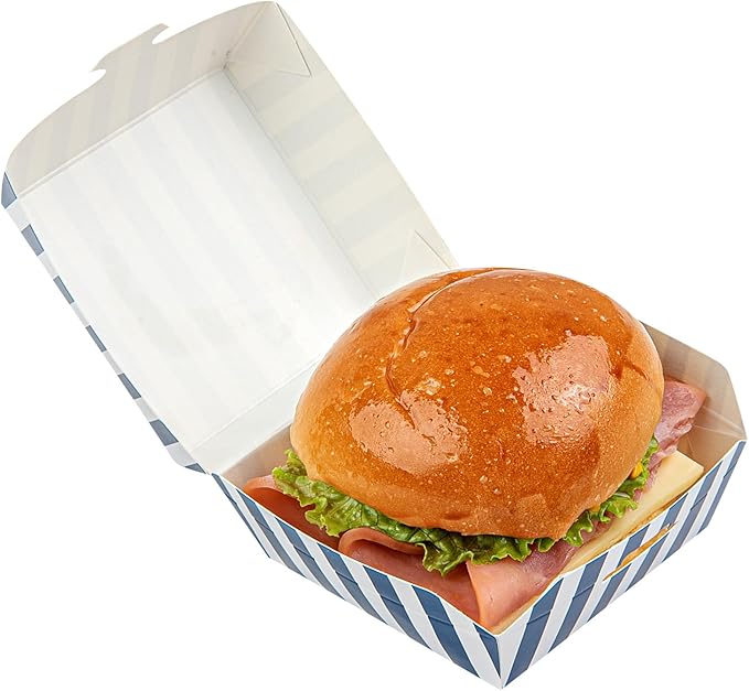Restaurantware 2.8 x 2.8 x 2 Inch Mini Burger Boxes 100 Clamshell Food Containers - Hinged Lid Striped Blue And White Paper Take Out Boxes Serve Sliders Or Finger Foods