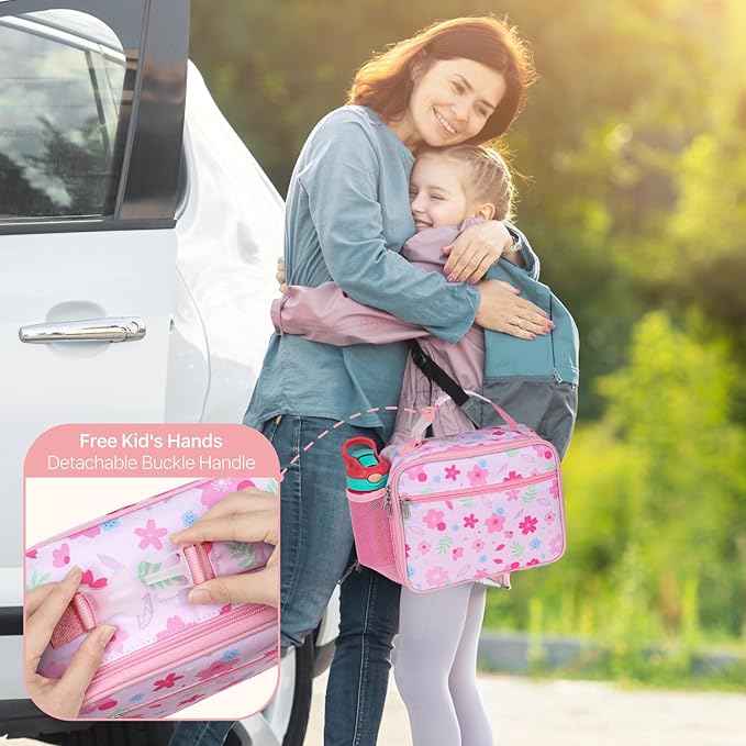 Bagseri Kids Lunch Bag for Girls - Insulated Kids Lunch Box for Daycare and School Reusable Meal Tote Bag with Water Bottle Holder, Easy-Clean Water-Resistant Fabric, Pink Floral