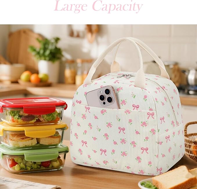 BTOOP Lunch Box for Women Men Cute Corduroy Lunch Bags Large Capacity Insulated Lunch Tote Bag For Work Travel Or Picnic (Pink Bow Floral)
