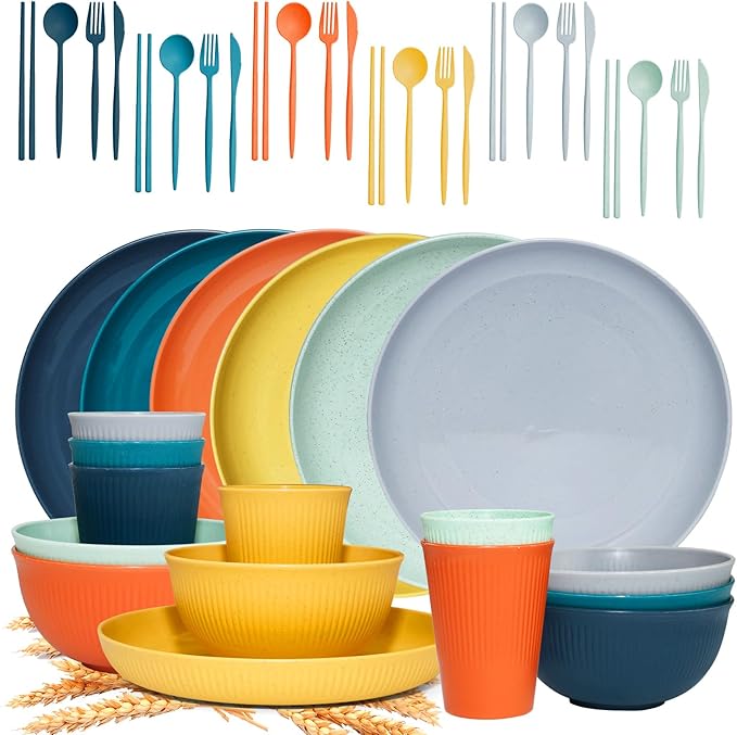 42Pcs Wheat Straw Dinnerware Sets, Unbreakable Plates and Bowls Sets, Eco Friendly Non Breakable Dinnerware, Dishwasher Microwave Safe Dinnerware