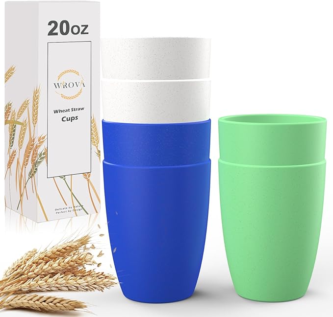 Wrova unbreakable wheat straw cups 20oz set of 6 with textured pattern anti slipping,big plastic drinkings cups microwave safe and dishwahser safe.White-Green-Blue
