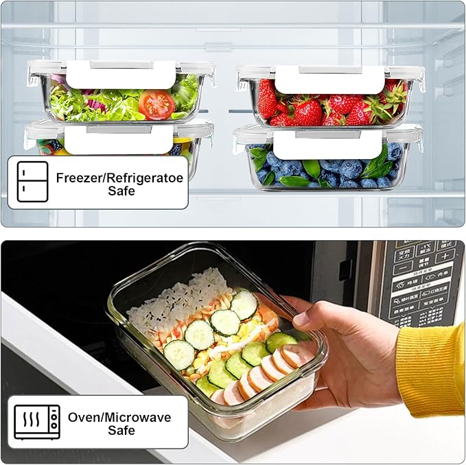 VERONES 10 Pack 22 OZ Glass Meal Prep Containers, Airtight Glass Lunch Containers Set, Food Storage Containers with Lids,BPA Free, for Microwave, Oven, Freezer & Dishwasher Friendly,White